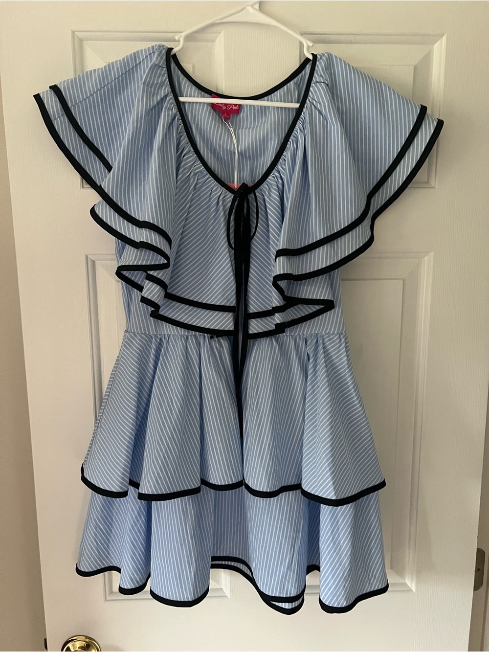 Baby Pink Blue & White Striped Top with Black Trim